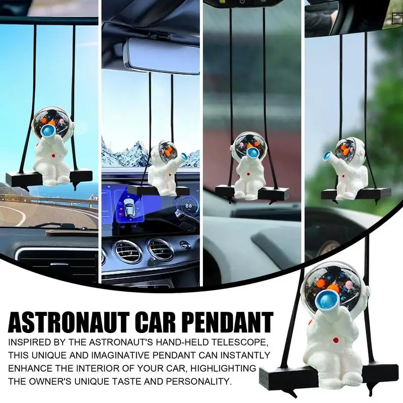 Car Swinging Ornament Holding A Telescope Astronaut Car Rearview Hanger Resin Car Window Pendant Automotive Interior Accessories