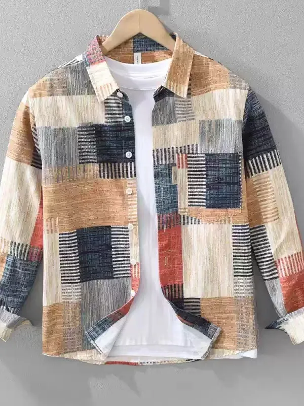 Retro Checkered Men's Shirt Casual Color Block Design Fashionable Spring Autumn Square Pattern Breathable Polyester Fiber