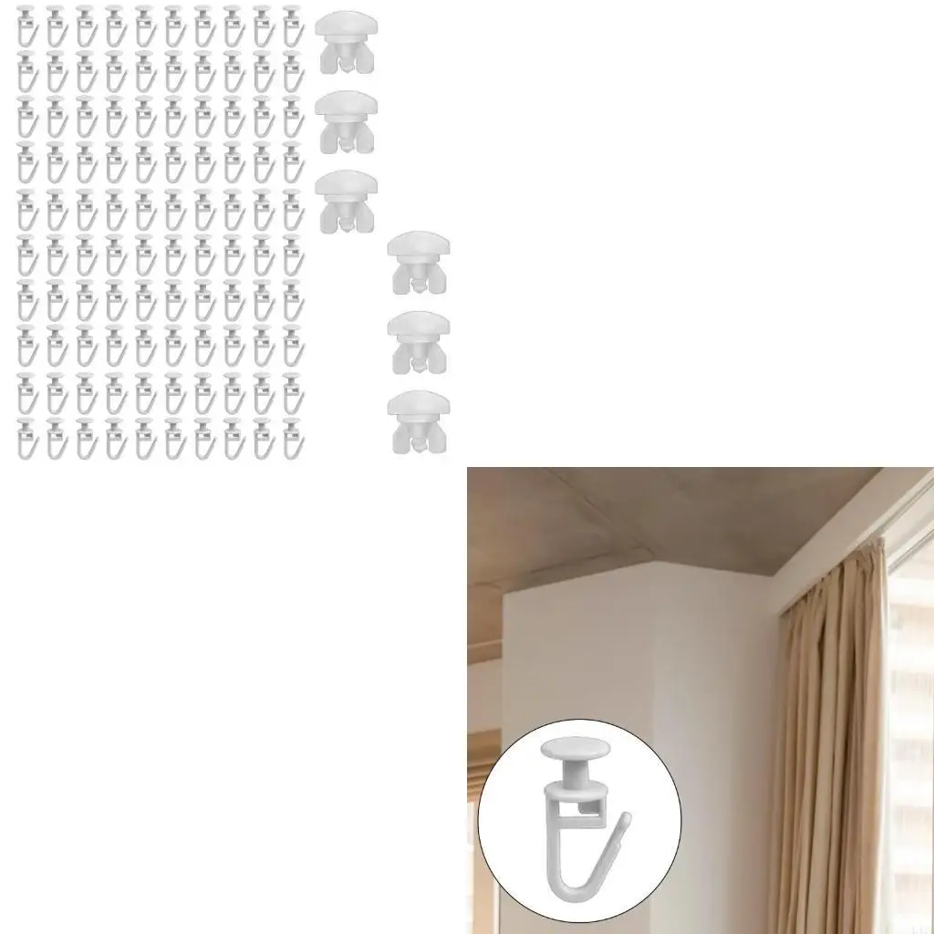 L43A Curtain Track Hook Curtain Rails Ceiling Gliders Set 100Pcs Lockable Folding Hanging Hook and 6Pcs Drape Rails Stoppers