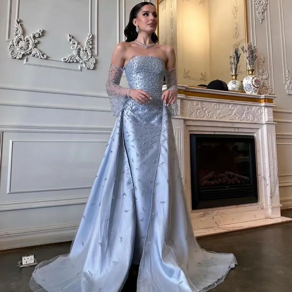 

JDY Custom Made Pearl Beaded Slightly Flared Sleeves Robe soirée Satin A-Line Party Dress Floor Length Ball Gown