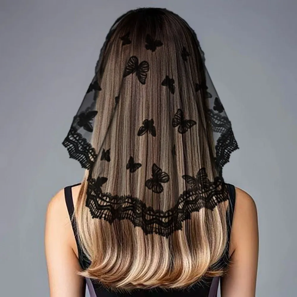 Butterfly Lace Scarf Veil Headbands Solid Color Hollow Out Flower Embroidery Headscarf Round Multi-functional Women Lace Bandana