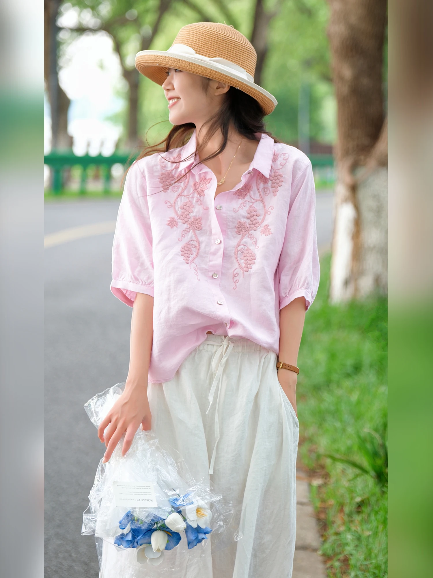 

Льняная блузка Fre Breeze с вышивкой, свободного кроя, дышащая, с узором, женская летняя универсальная блузка, скрывающая недостатки фигуры