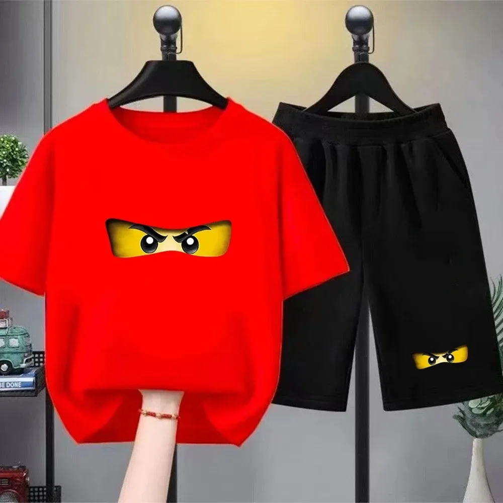 Sommer-T-Shirt für Jungen und Mädchen, rotes, lässiges T-Shirt + Shorts-Set, Ninja-Motiv, Kinder-Outfit, Teenager-Kurzarm-Oberteile. – Detail 2