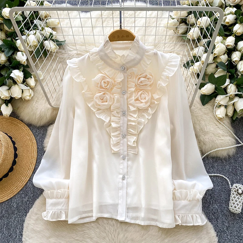 

Spring Autumn French Standing Collar Three-dimensional Flower Shirt Women's Fashionable Versatile Chic Ruffle Edge Blouse W99