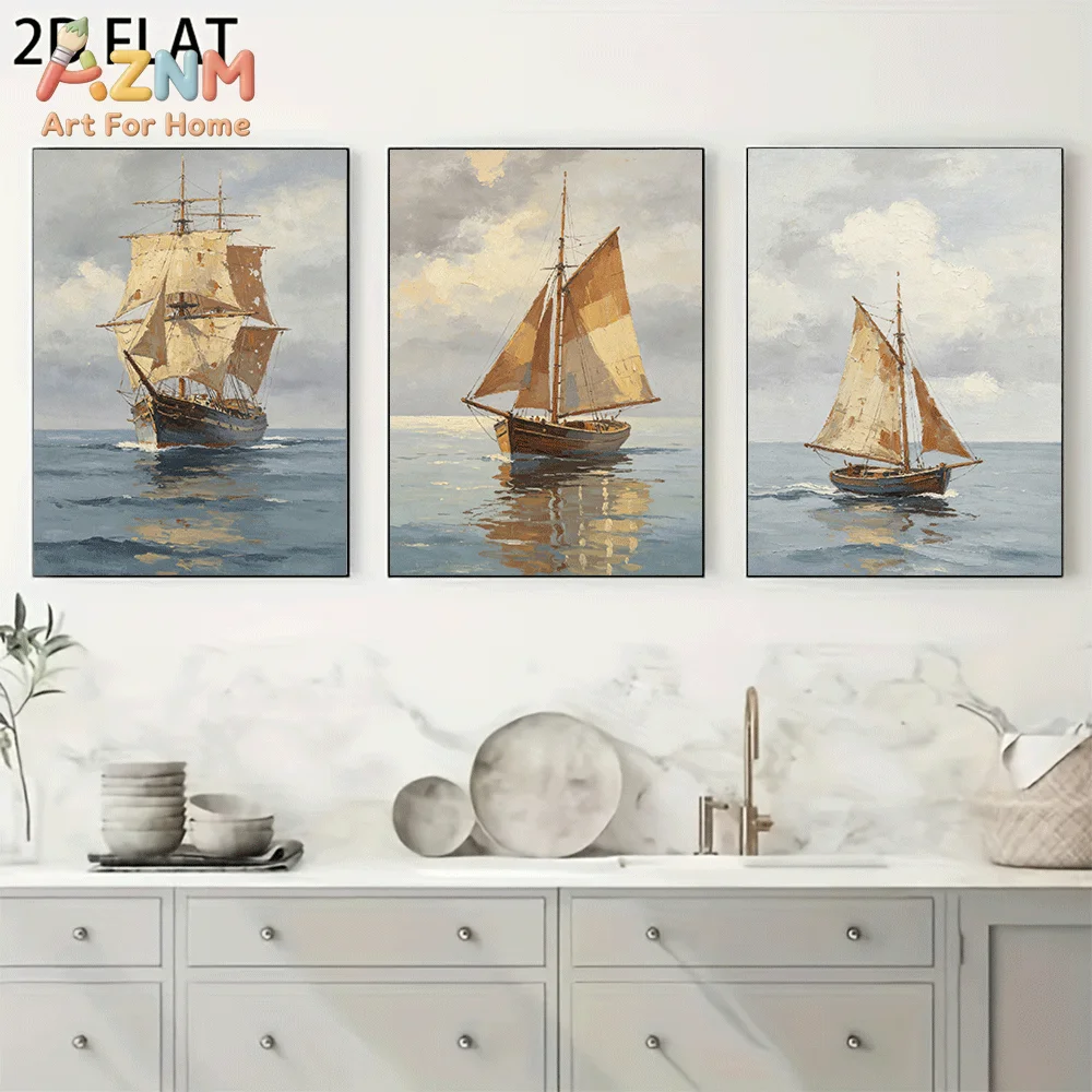 AZNM Frameless Canvas Wall Art, Vintage Ocean Sailboat Oil Painting Print, Nautical Sea Landscape Wall Decor for Living Room Bed