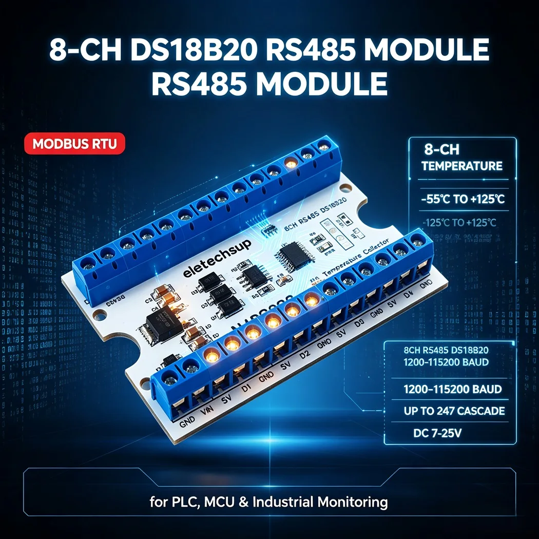 Modbus RTU DS18B20 Temperature Module 8CH DS18B20 Collector DC7-25V RS485 DIN Rail 247 Modules Cascaded