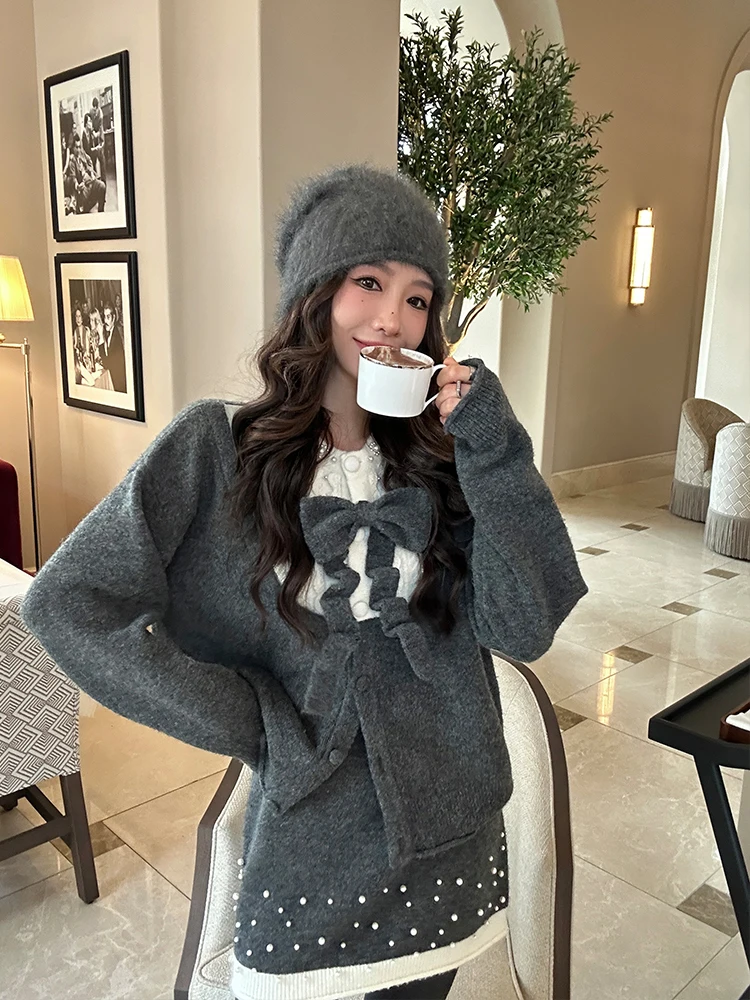 

Вязаный комплект ZQ ручной работы: свитер с бисером и короткая юбка облегающего кроя, цвет «Звездная ночь», 3D-декор, повседневный стиль