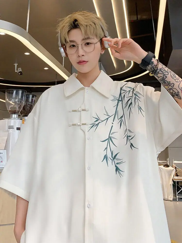 

Новая китайская рубашка из бамбукового шелка с вышивкой, свободного кроя, из быстросохнущего ледяного шелка, тонкая, с коротким рукавом, летняя, мужская, повседневная.