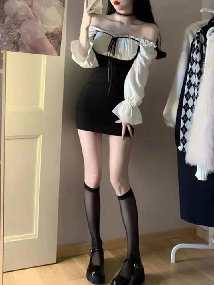Seksowna Dziewczyna Fałszywa Damska Dwuczęściowa Iluzja Długi Rękaw Francuski Styl Długi Rękaw Ekskluzywna Sukienka Mini Wyszczuplająca Podkreślająca Talia