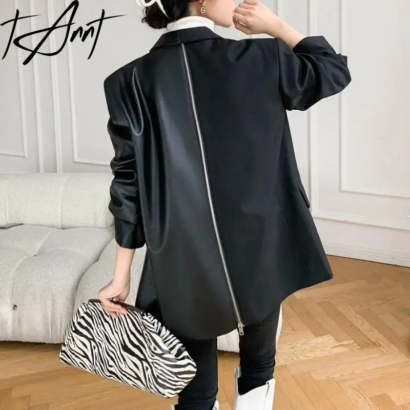 Tannt Women Blazer Asymmetry Pu Patchwork Women Blazers And Jackets Irregular Oversize Long Women\'s Blazers Coats 2023 New