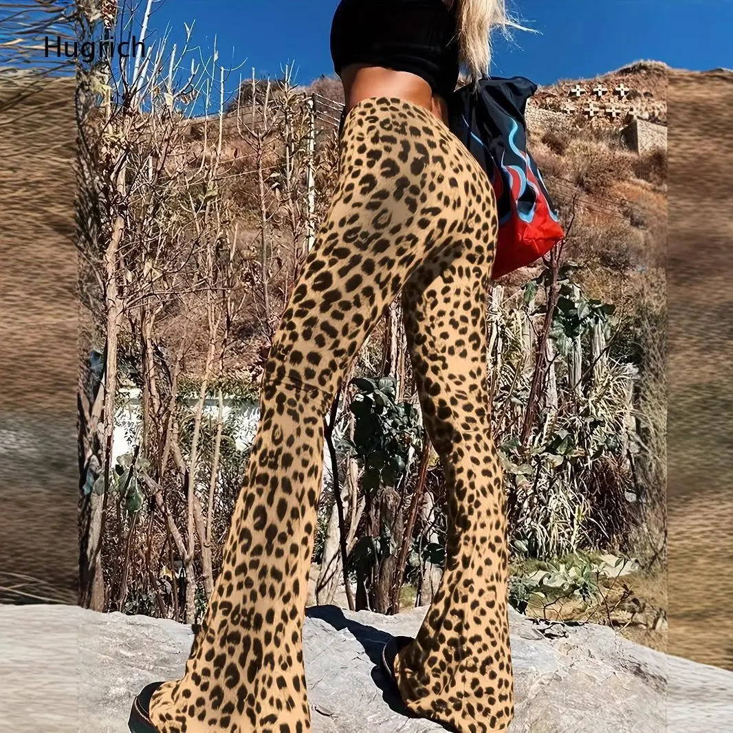 Women Leopard Print High Waist Stretch Flare Pants Slim Fit Vintage Streetwear Bell Bottom Long Trousers