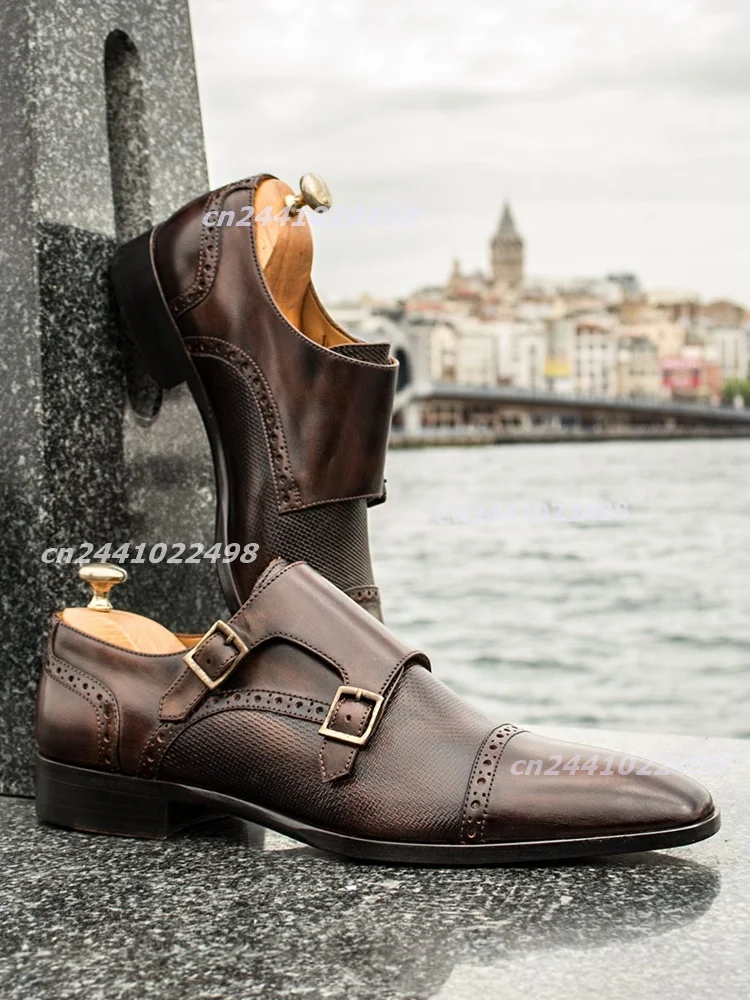 Double Monk Strap Oxfords Men Pointed Toe Brogue Perforated Buckle PU Leather Dress Shoes Textured Low Heel Party Weeding Shoes