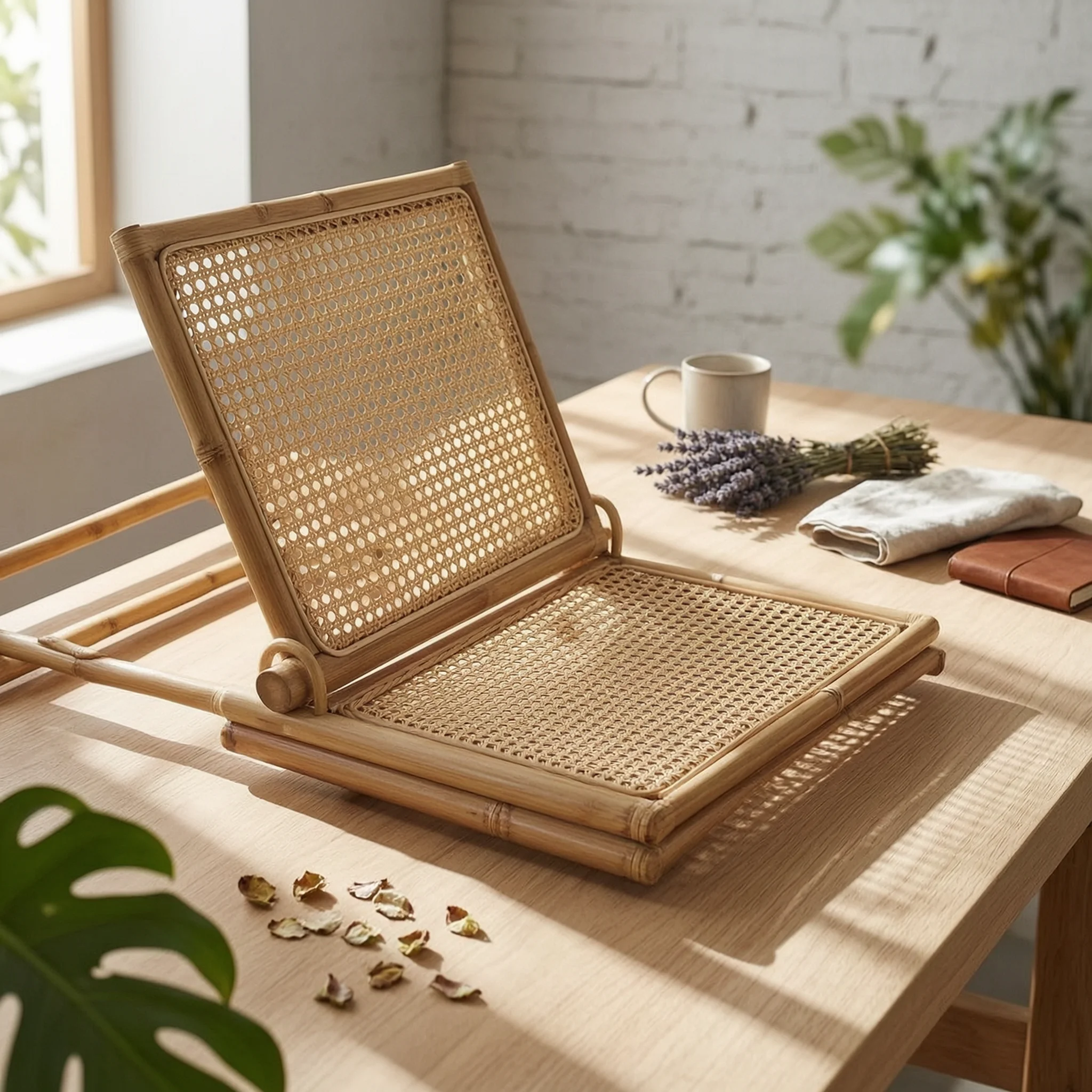 Rattan Floor Chair Retro Design Folding Rattan Lounge Chair Adjustable Floor Lounger Space Saving Foldable Wicker Lounge Seat
