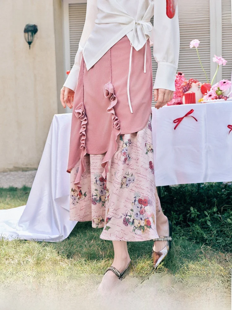 

Gentle Print Splicing A-Line Skirt High Waist Polyester Fiber Vintage Sle Spring 2026 New Arrival Women's Skirt