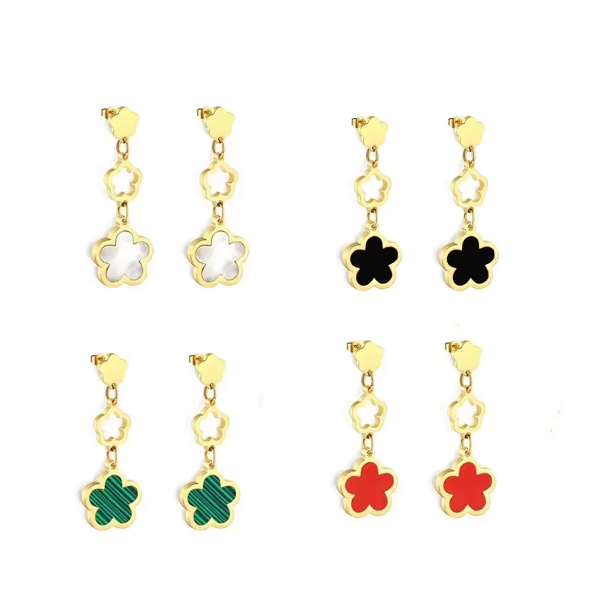 2PC Fashionable stainless steel hollowed out lucky five leaf flower colored Fritillaria pendant earrings