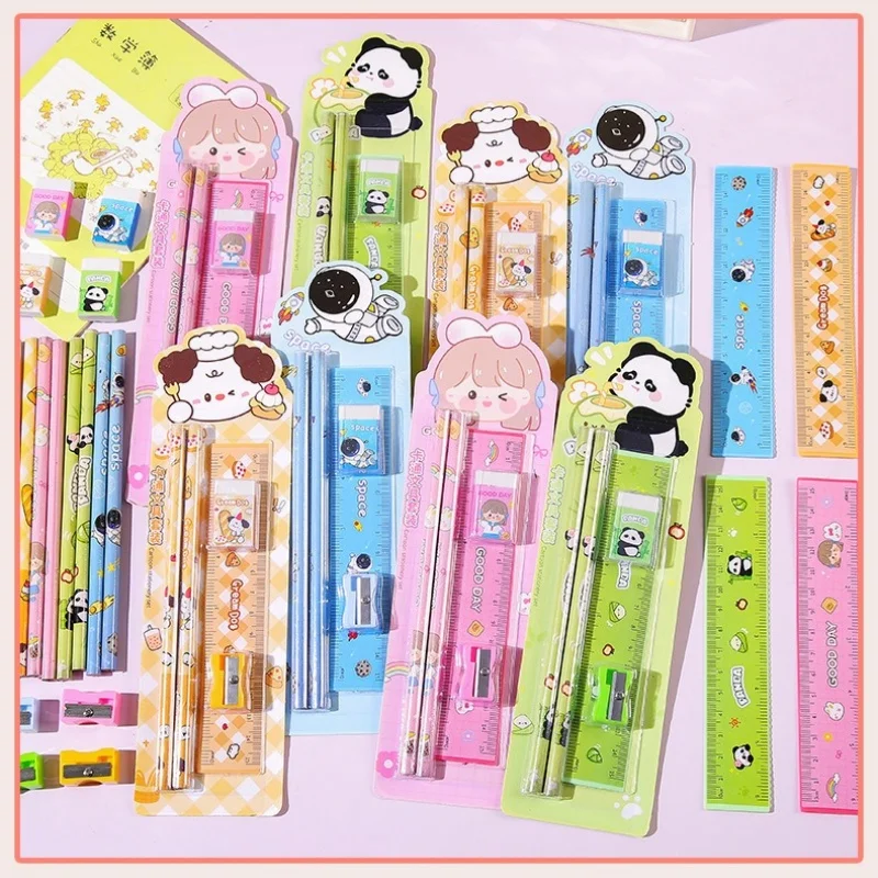 Cartoon 5-Piece Pencil Set for Back-to-School Eraser Ruler Sharpener 8 Colors (Pink/Yellow/Green/Blue & More) for Students