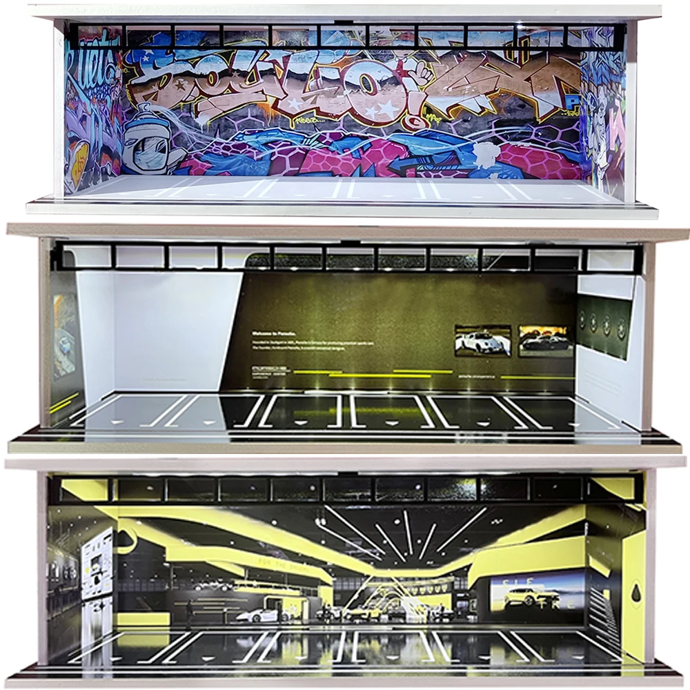

1:64 Scale DIY Garage Diorama with LED Lights - Assembled Car Display Case & Parking Scene for Diecast Models