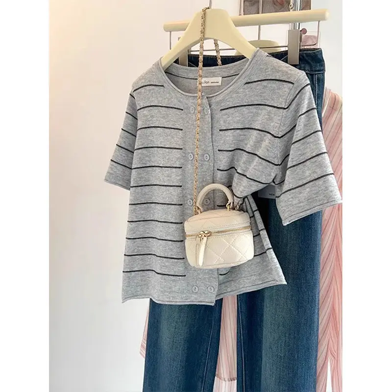 

Grey Striped Short Sleeved Knitted Cardigan For Women In Summer 2025 Thin And Short Double Breasted Top T-shirt