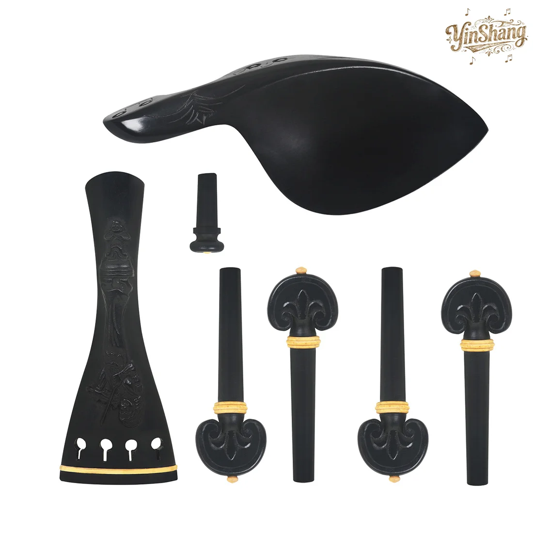 

Violin Ebony Accessories 1 Set of Embossed Flower Tailpiece, Pegs, Chinrest, Tailpin, Violin Repair and Replacement Parts