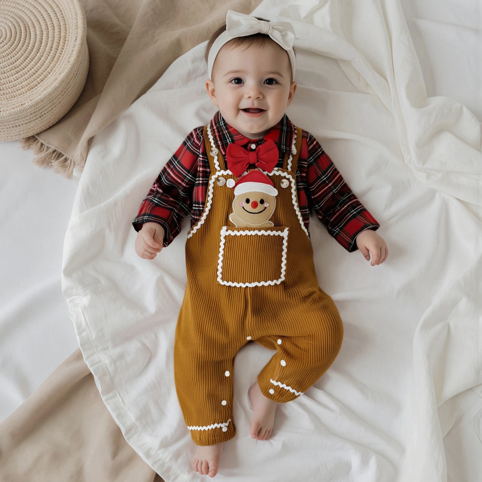 

Suefunskry Baby Boy Christmas Clothes Plaid Print Long Sleeve Lapel Romper Gingerbread Man Embroidery Overall Pants 2Pcs Outfit