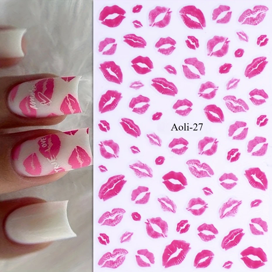 Two Valentine'S Day Style Holographic Nail Stickers Featuring Charming Pink Lips And Lipstick Prints for Nail Decoration Aoli-27
