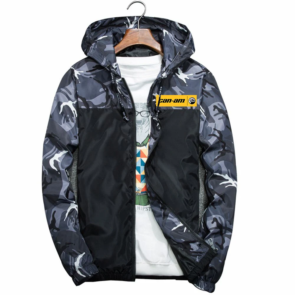 Motocicleta Splicing Camouflage Coats dos homens, mangas compridas, Zipper Hoodies, algodão jaquetas casuais, Windbreaker Top, pode Am Spyder motocicletas, Novo