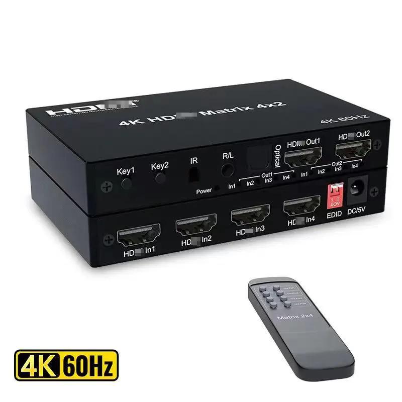 4K 4X2 Matrix Switch 2x4 for HDMI-compatible Video Switch Splitter 2 In 4 out with Optical & R/L Audio Extractor Dolby HDCP2.