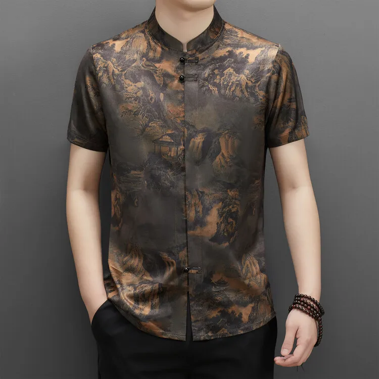 

Elegant Vintage Blouse Traditional Chinese Style Print Smooth Silk Shirts For Mens Mandarin Collar Tang Hanfu Oriental Clothing