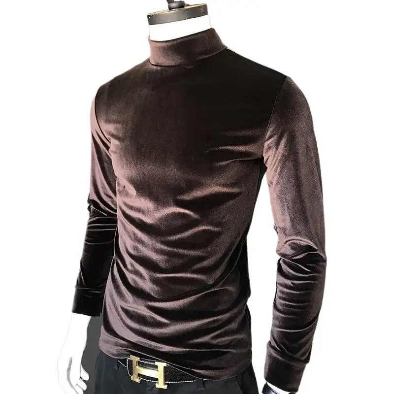 2024 Winter Mne's turtleneck slim velvet shirts,plus size Spring & Autunm velour tops black brown Male Tees