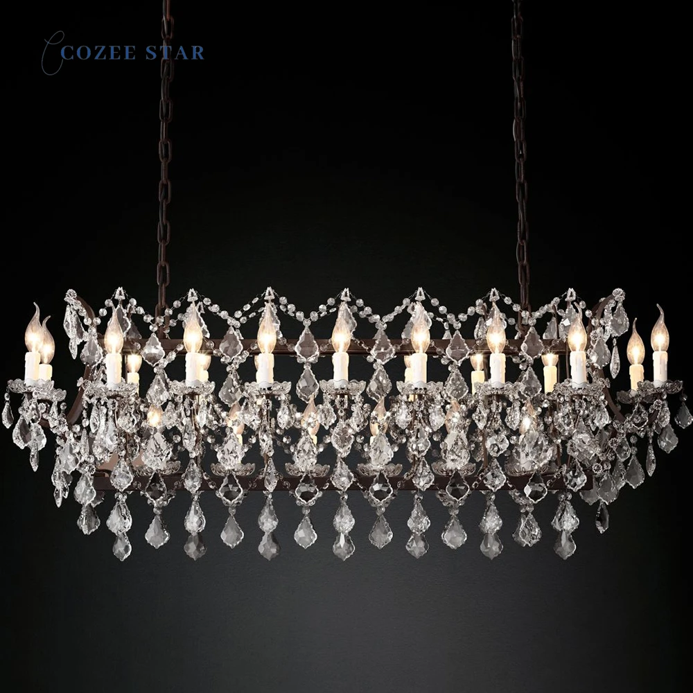 

Rustic LED Chandeliers 19th C. Rococo Iron & Crystal Rectangular Chandelier Living Room Dining Room Kitchen Island Hanging Lamp