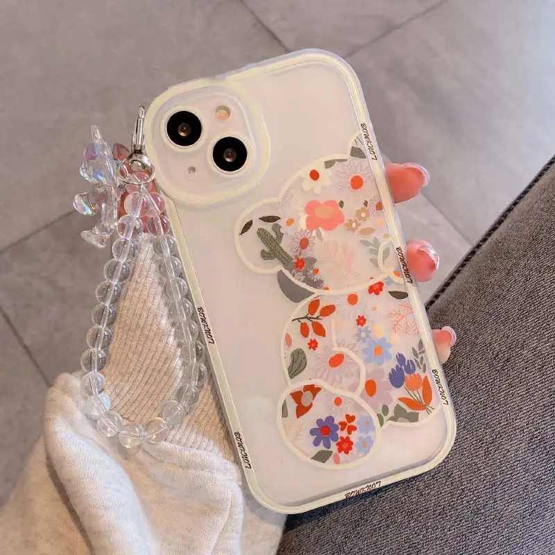 Pink Purple Flower Bear 3D Pendant Case For iPhone 14 15 13 12 11 Pro Max Mini 14 15 7 8 6 6s Plus XS XR X TPU Soft Cover