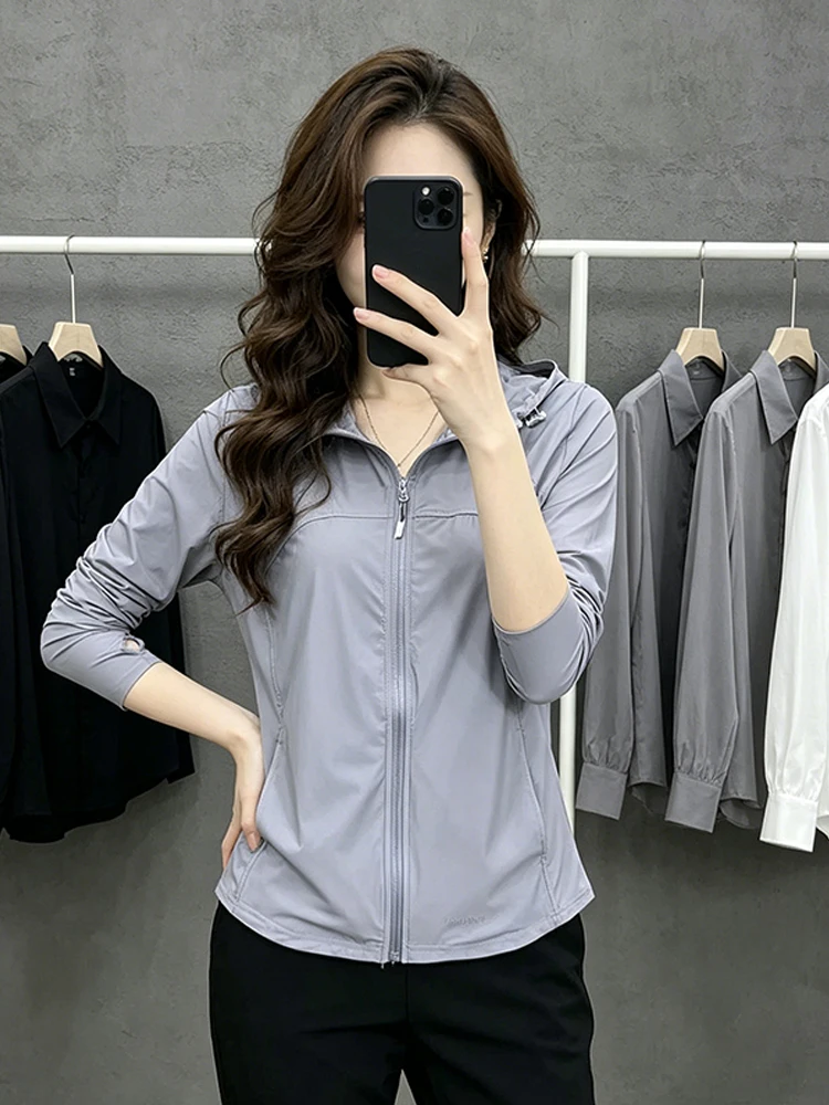 Women's Grey Long Sleeve Hooded Summer Lightweight Breathable Sun Protection Jacket Elegant Straight Cut Single Piece Home Wear