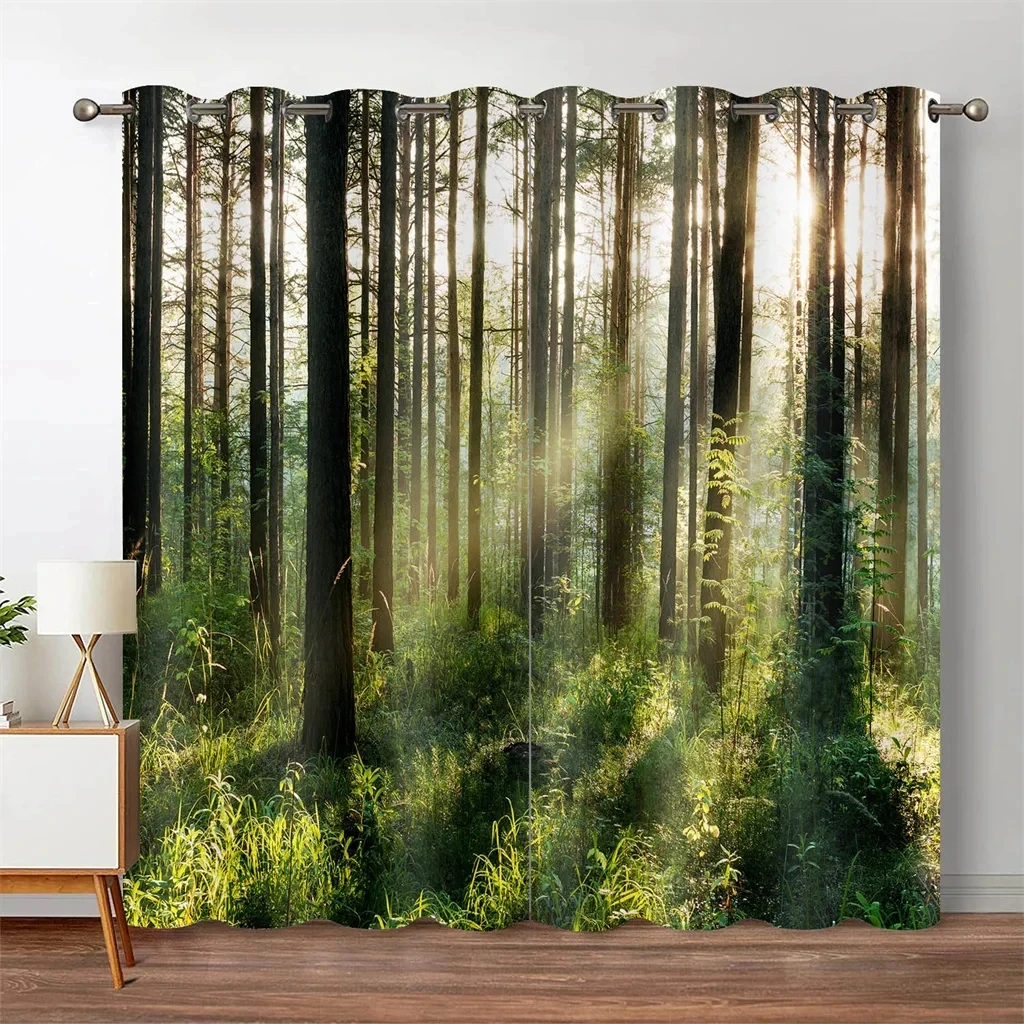 Forest Jungle Tree Natural Scenery Landscape Thin Window Blinds Curtains for Living Room Kitchen Bedroom Waterfall 2Pieces Decor