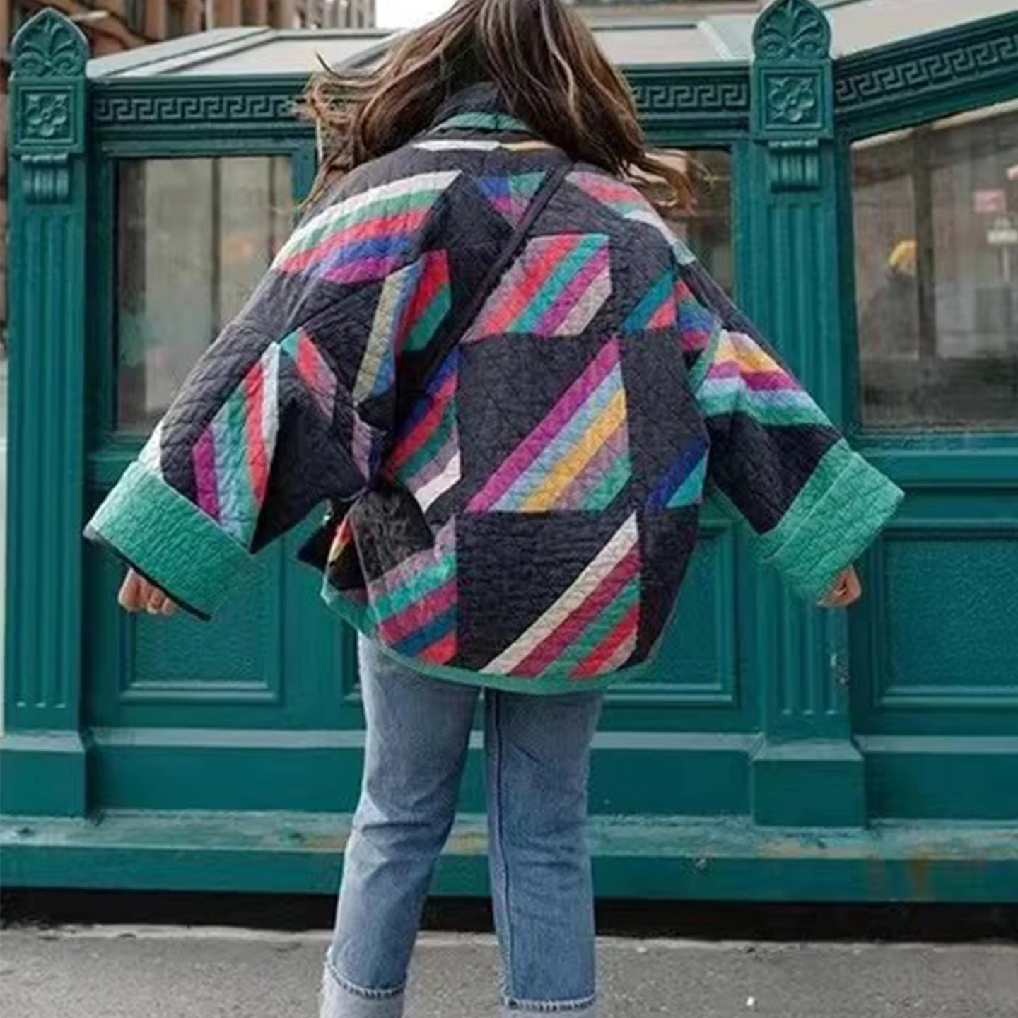 Faionable Kleur Blo ort Gedrukt Jaet Dames Casual Veelzijdige Bovenkleding Herfst 2025, Z Pendelen Loose Fit Lange Sve