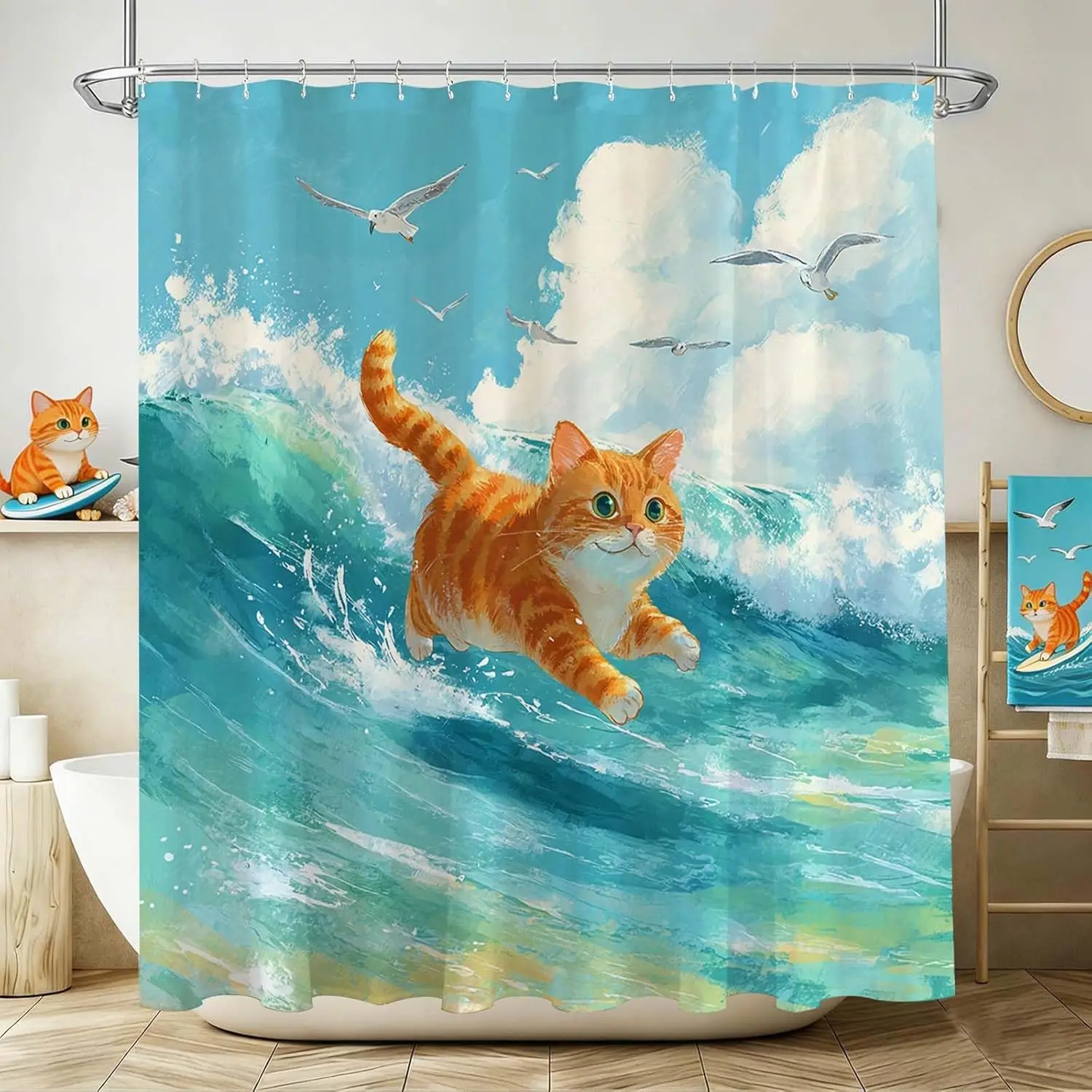 

Funny Cat Shower Curtain Cute Fun Cat Sea Waves Bathroom Shower Curtain Cool Cats Waterproof Fabric Shower Curtains Bathtub