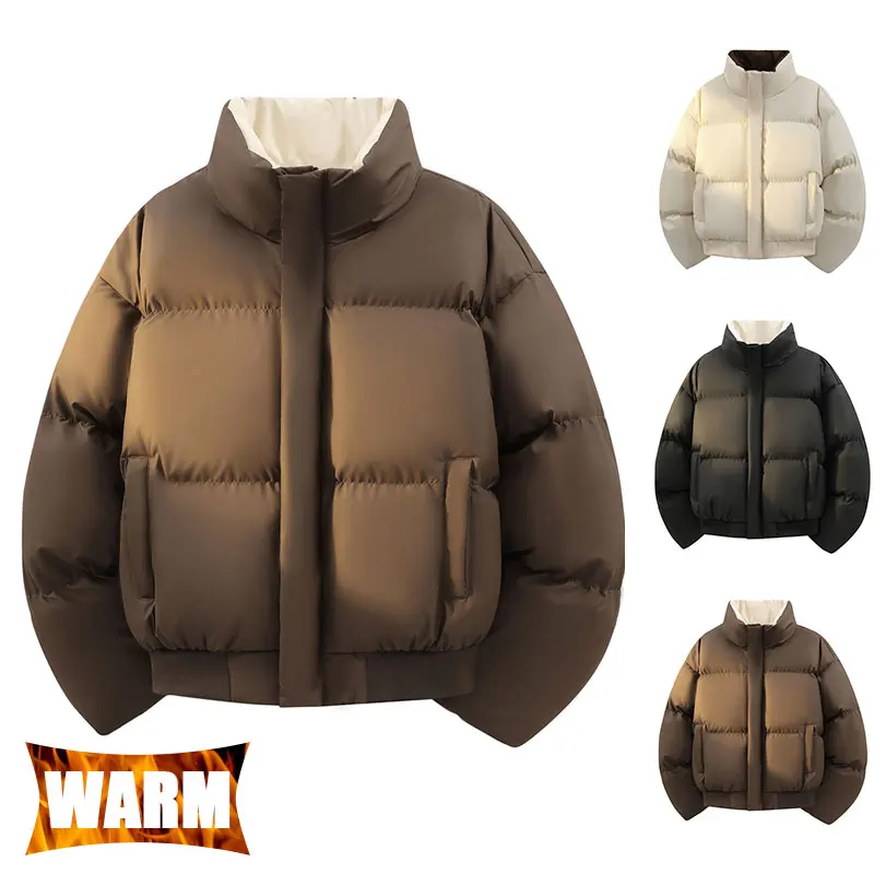 Winter Padded Jacket Women Outdoor Windproof Stand Collar Camping Jacket Men Solid Thickened Warm  Zippered Travel Casual Jacket