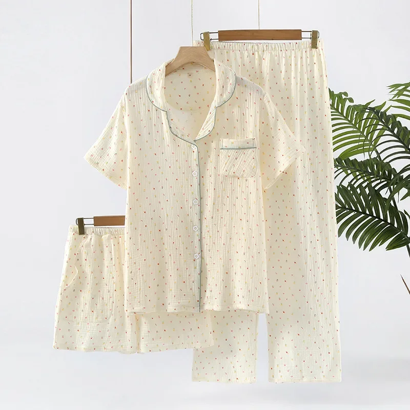 

Sleepwear pure cotton 3PCS set Thin crepe fabric Collar short sleeved pants shorts home suit set
