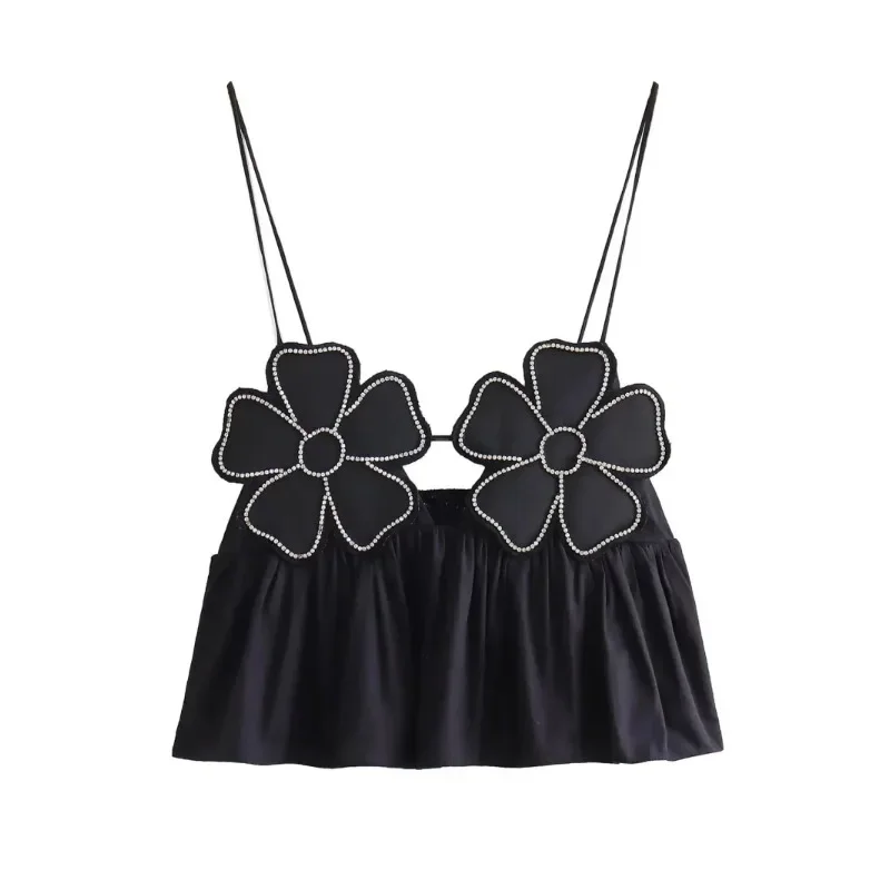 

TRAF Flower Crop Top Women Black Rhinestone Ruffle Backless Sexy Top Woman Camisole Straps Sleeveless Female Camis Tank Tops