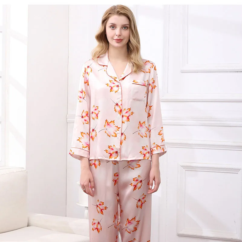 

NEW Summer 16mm 100%Silk Pajamas Set Women Silk Homewear Print Sleepwear High Quality Clothing