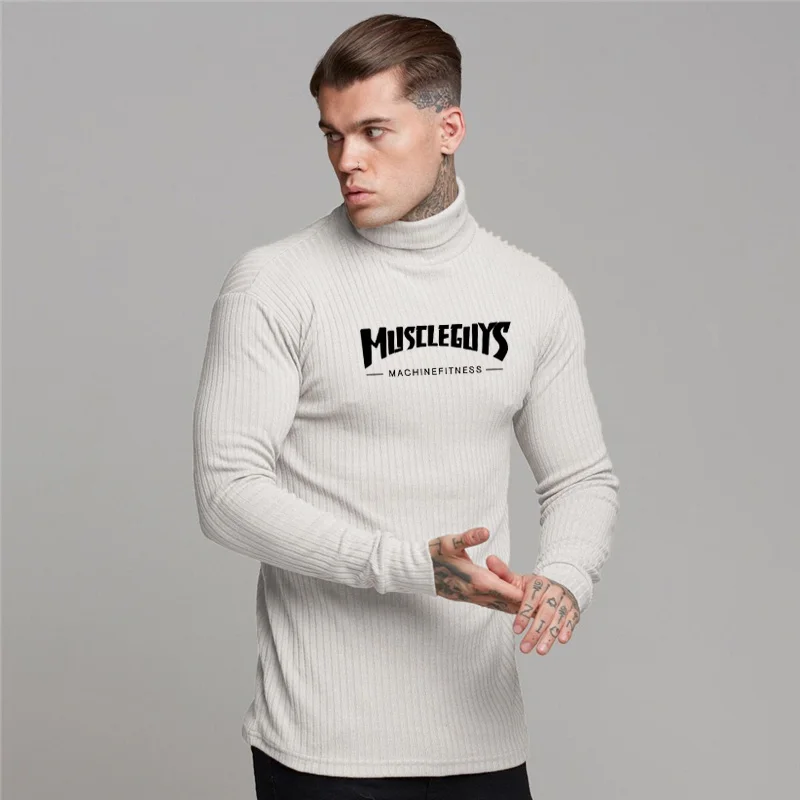 New Hot Fashion Winter Turtleneck MUSCLEGUYS Printed Slim Fit Bodybuilding Fitness Classic Elasticity Knitwear Pull Homme