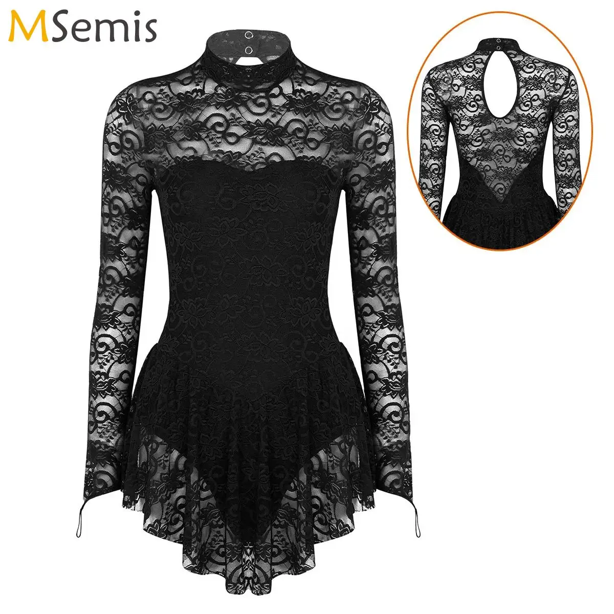 

Womens Ballet Dance Dress Mock Neck Long Sleeve Lace Jersey Gymnastics Leotard Figure Ice Skating Roller Skating Costume outfit