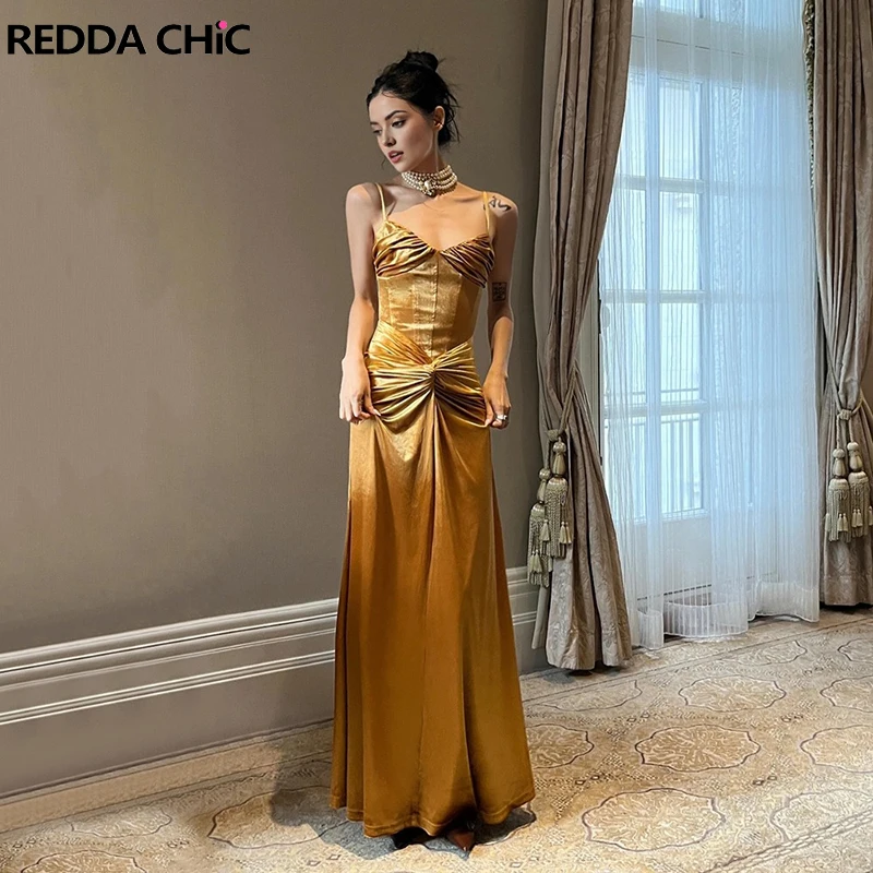 REDDACHiC Golden Maxi Long Evening Gown Women Draped Slim Fit Camisole V-neck Twist Bodycon Dress Birthday Party Formal Clothes