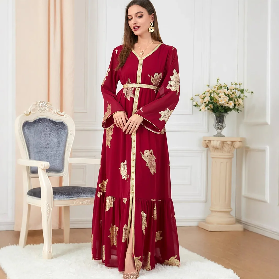 

Muslim Robe Women's Party Dresses Abaya Dubai Long Sleeve V-Neck Button Maxi Long Dress Tape Belted Kaftan Split Hem Vestidos