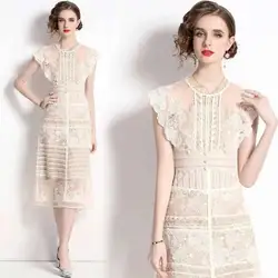 JAMERARY Summer Women Lace Dress Embroidery Flower Sheath Bodycon Midi Long Prom Party Dresses Female Beige Runway Vestidos