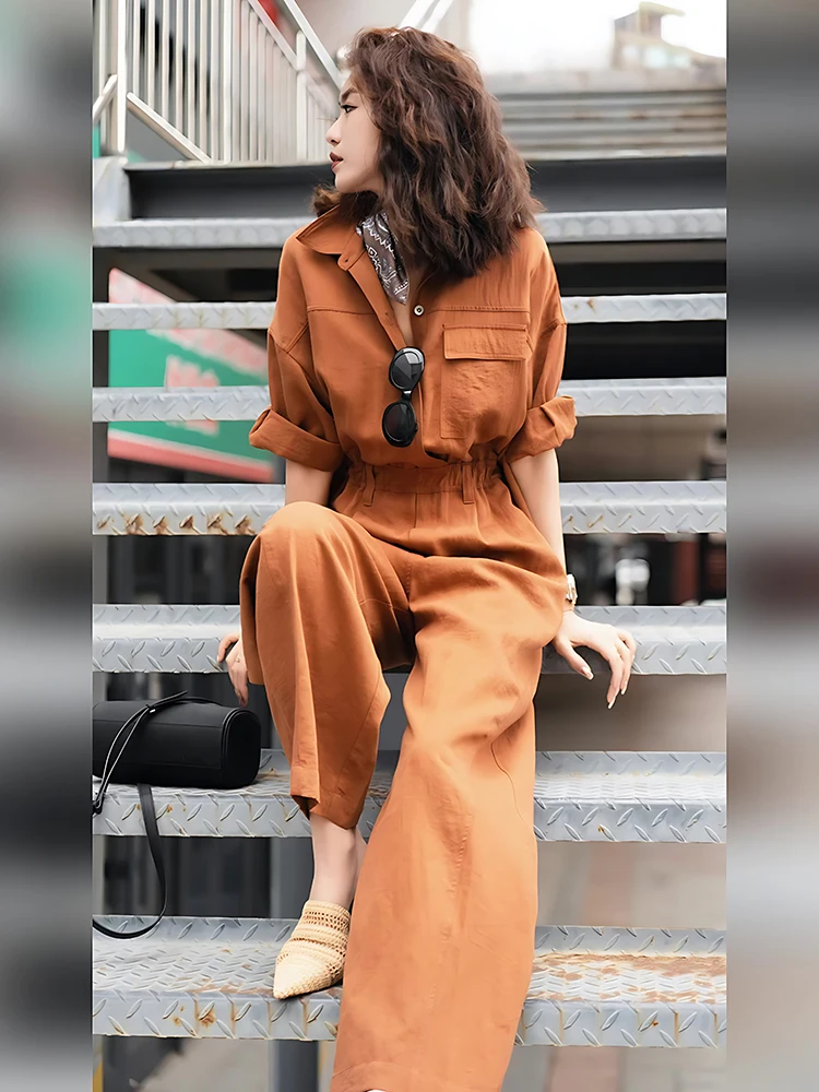 

Yellow One-Piece Pants Women's Faion Retro Hong Kong Sle Slimming Ele Mid-Low Waist PVC Material Casual Pants