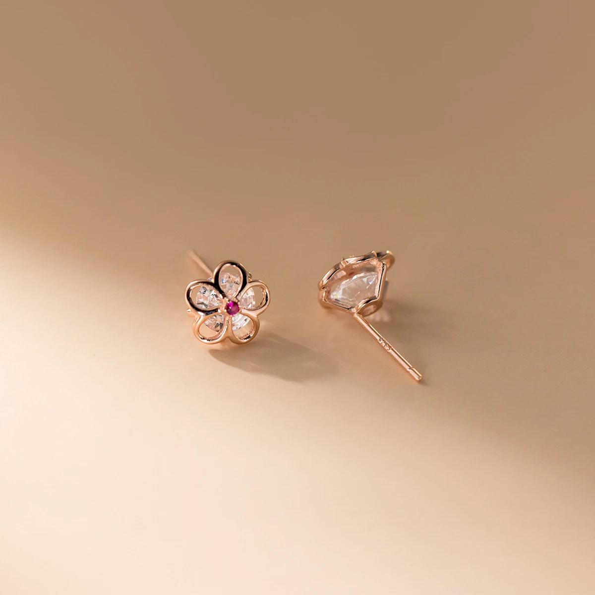 Modian Summer Beach 100% 925 Sterling Silver Pink Crystal Zircon Stud Earrings For Women Clear CZ Hollow Flower Silver Jewelry