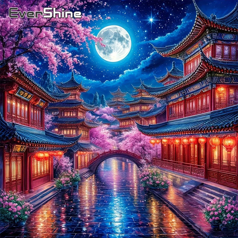 

Evershine Diamond Mosaic Tower Full Drill Painting Street Landscape Rhinestones 5D Moon Embroidery Cherry Blossom Home Decor