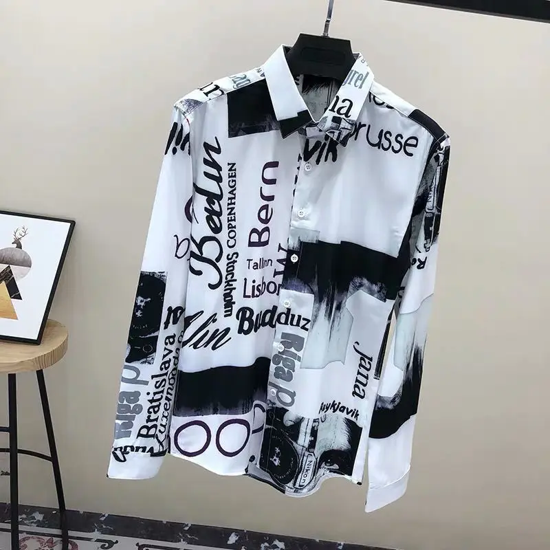 Men's flower shirt long sleeve Korean slim trend handsome retro casual floral shirt men's ice silk shirt