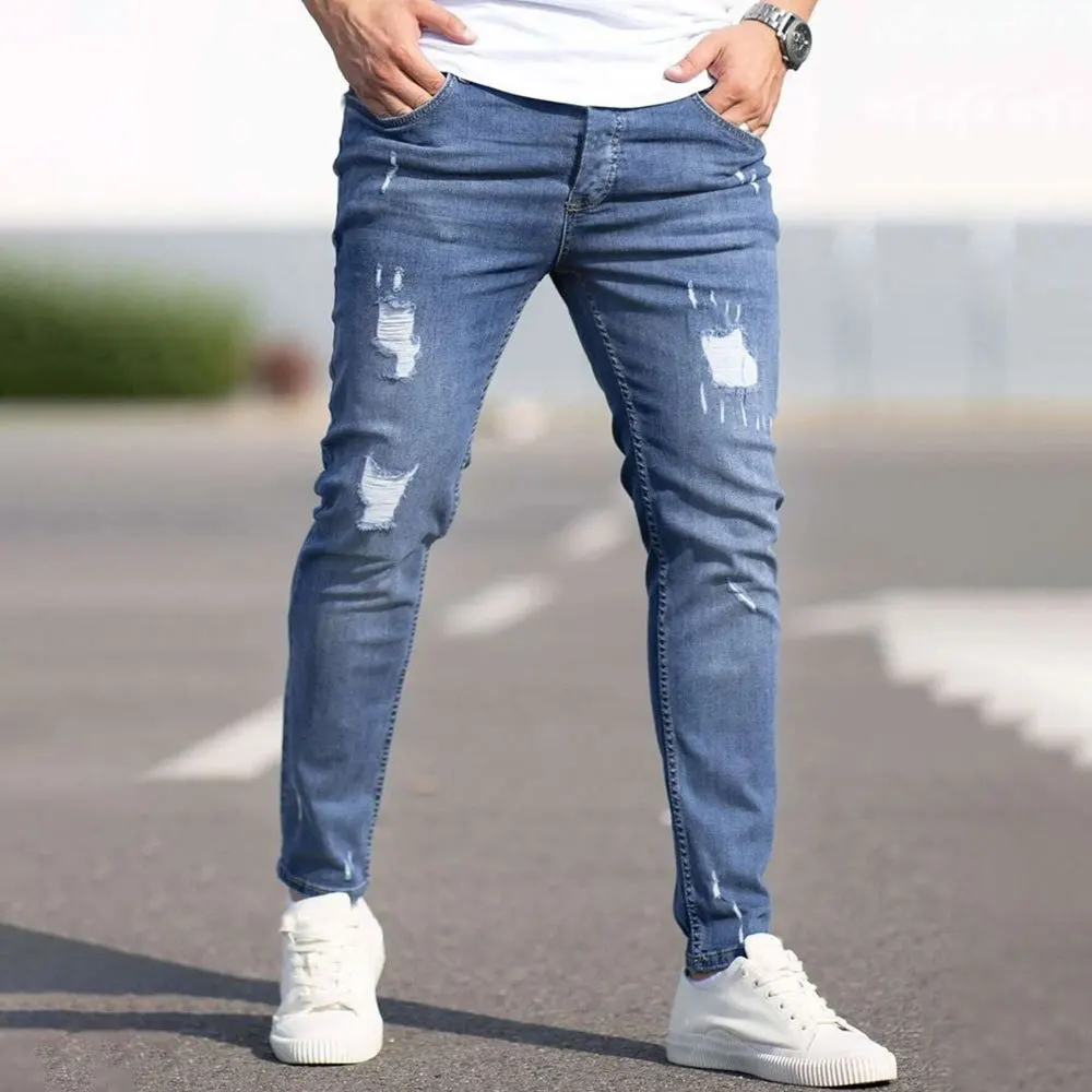 

2026 Spring Summer Men Jeans American Style Skinny Ripped Pants Trousers Bottoms Slim Denim
