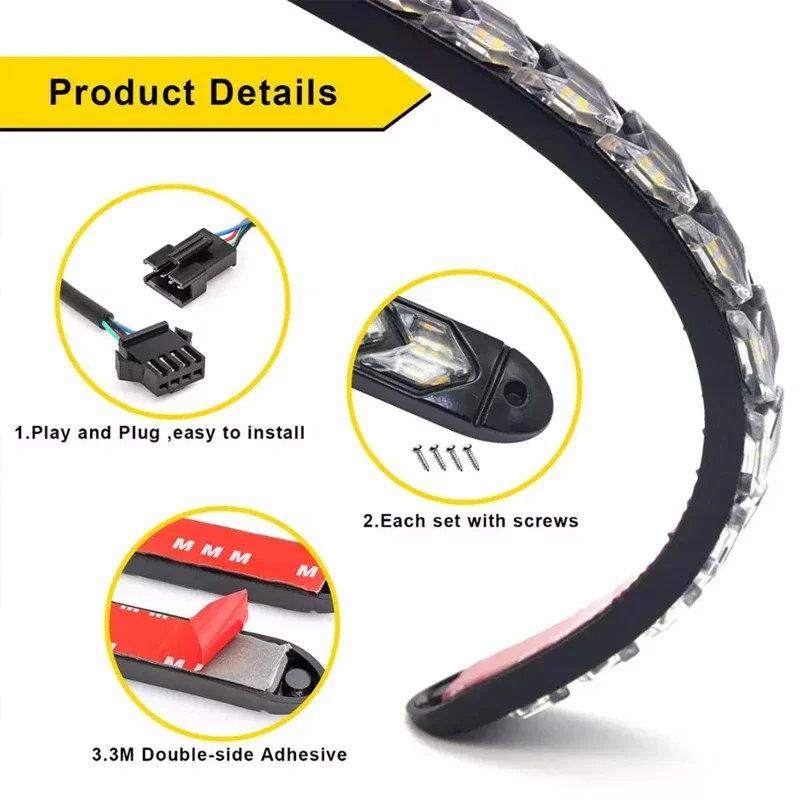 Led Car Daytime Running Light Strip 2Pcs Waterproof Sequential Flexible Yellow Arrow FlowTurn Signal Safety Warning Light 12V